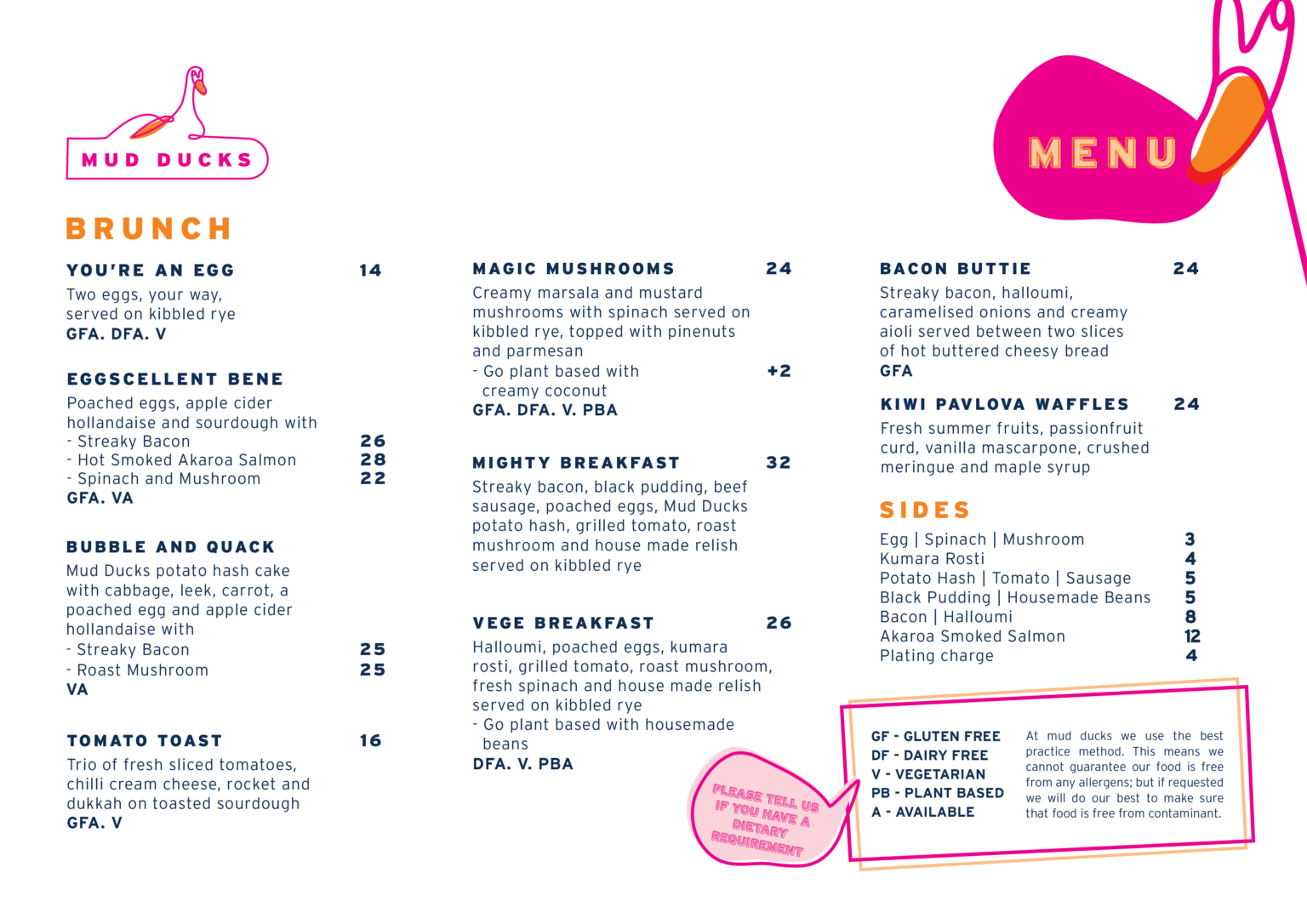 Menu Mud Ducks Café